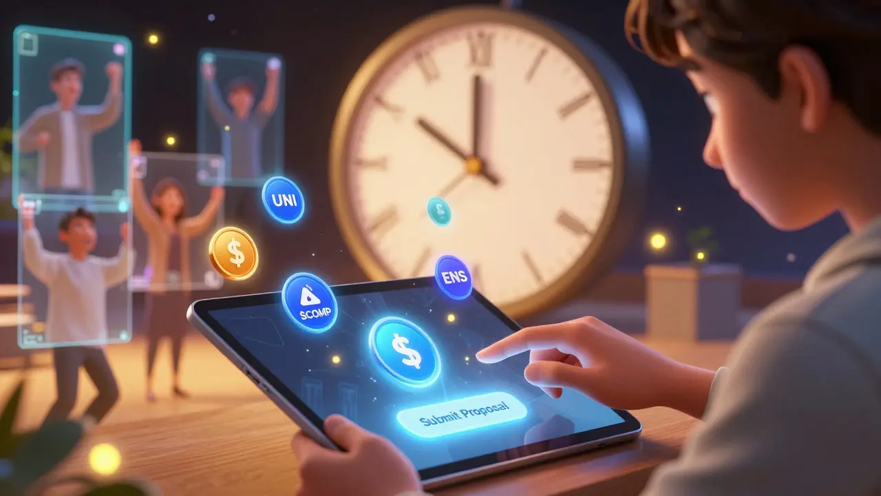 A developer submits a proposal as governance tokens swirl around them under a countdown timer.