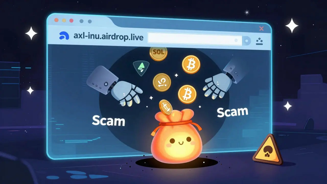 A digital wallet being drained by robot hands from a phishing website, with crypto tokens falling into a black hole.