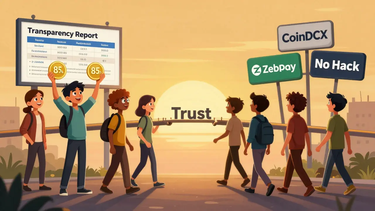 A divided community: some hopeful with repayment tokens, others walking away toward safer exchanges.