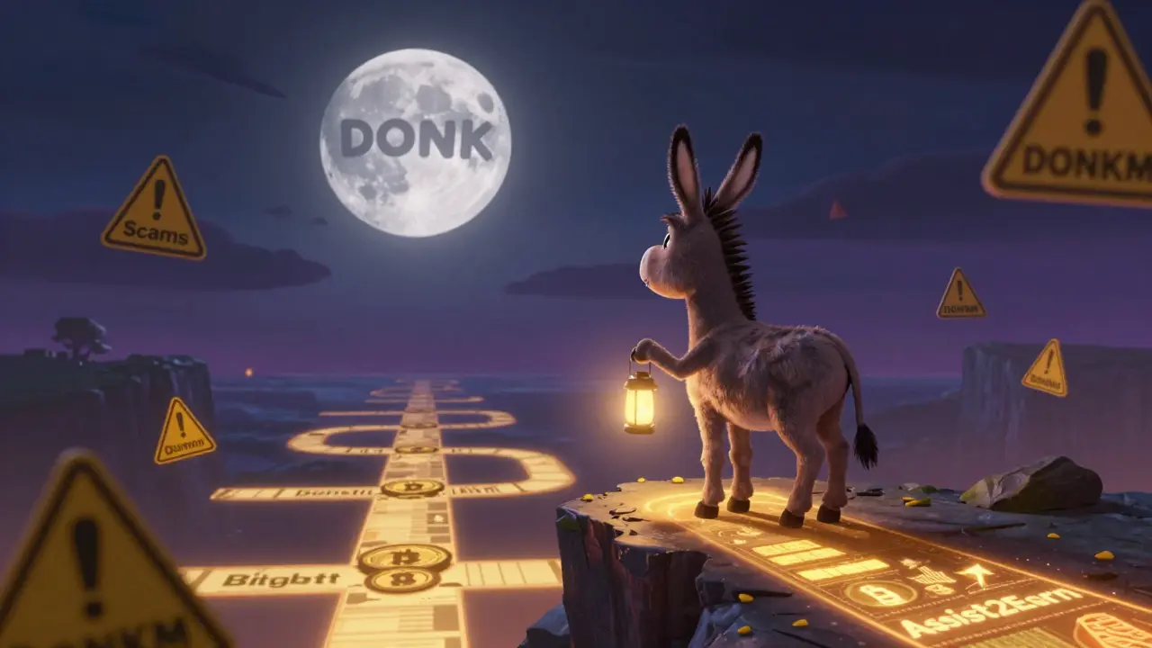 A donkey on a crypto chart cliff gazing at a DONK moon with safe paths below