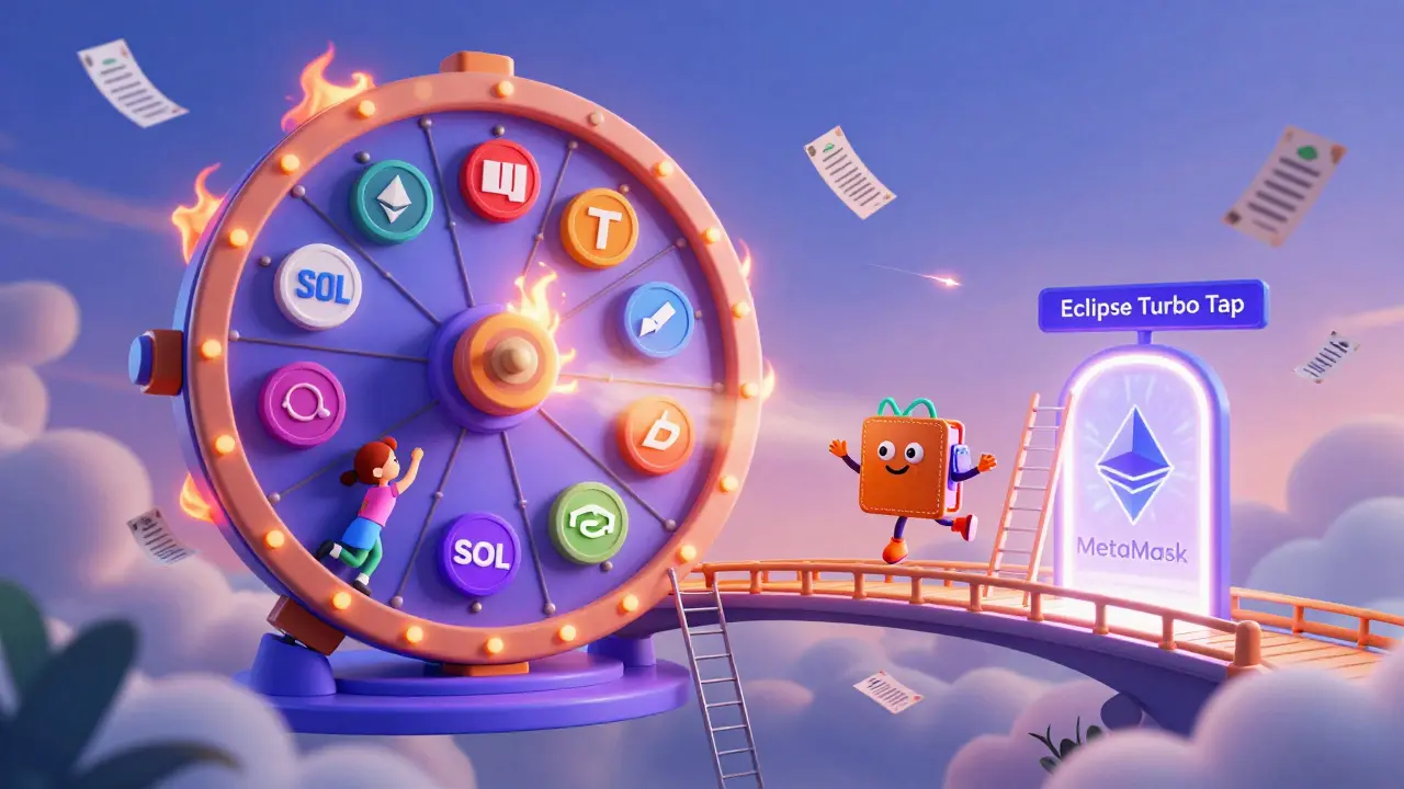 A floating DeFi marketplace with users trading tokens on a spinning wheel, connected by a bridge to Ethereum and Solana.