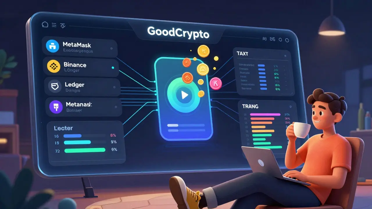 A floating digital dashboard syncing crypto wallets and showing real-time portfolio data in a friendly Pixar-style interface.