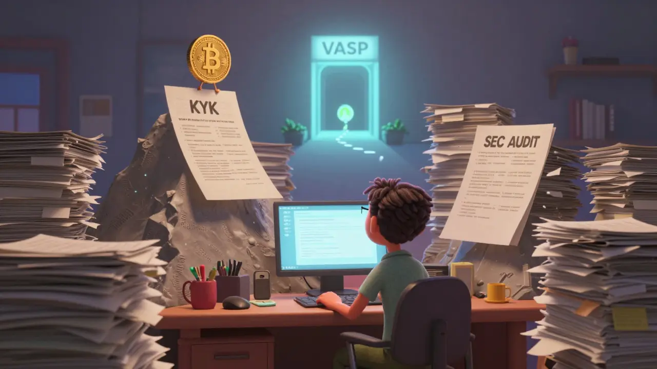 A freelance designer overwhelmed by compliance paperwork, with a tiny crypto coin struggling to climb the stack toward a glowing VASP portal.