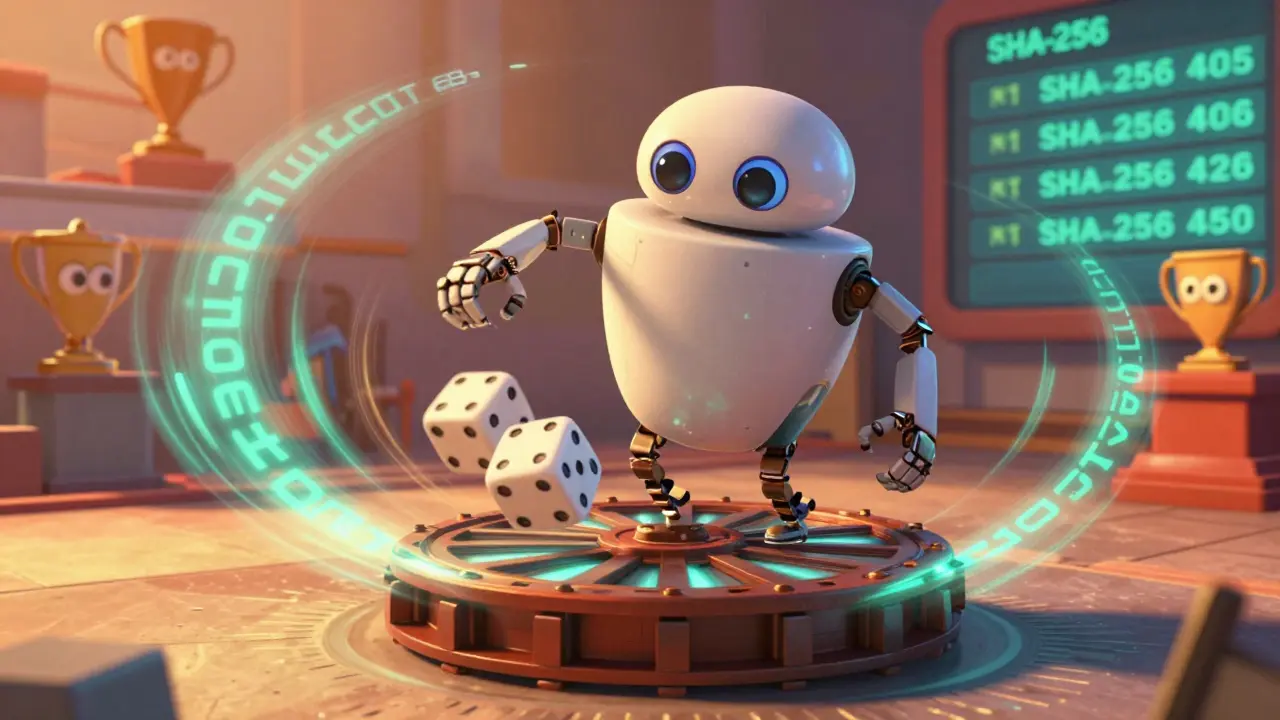A friendly ASIC miner robot rolls dice on a spinning hash wheel, surrounded by hex outputs under golden hour light.