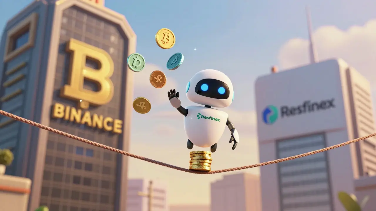 A friendly robot balances ERC20 tokens between two exchanges, one simple and precise, the other chaotic.
