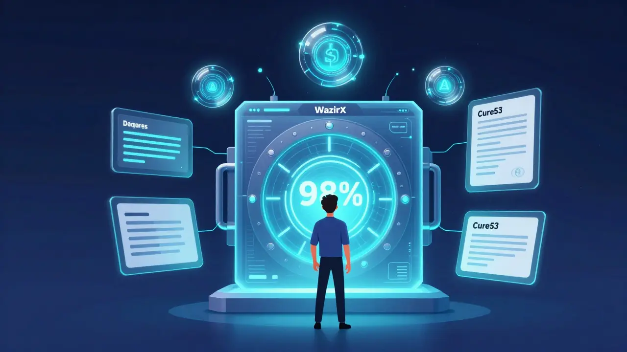 A high-tech crypto platform with glowing encryption lines and AI monitoring orbs above a secure cold wallet vault.