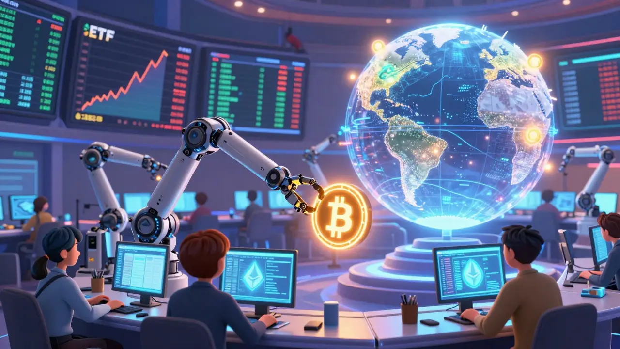 A high-tech trading floor where robots and traders exchange digital assets with glowing charts and a global adoption map.