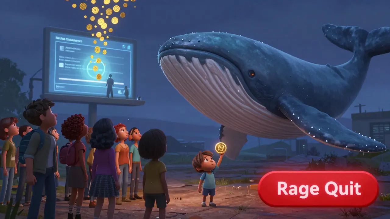 A large token holder dominates a community as a &#039;Rage Quit&#039; button glows red, with a small figure holding a fair voting token.