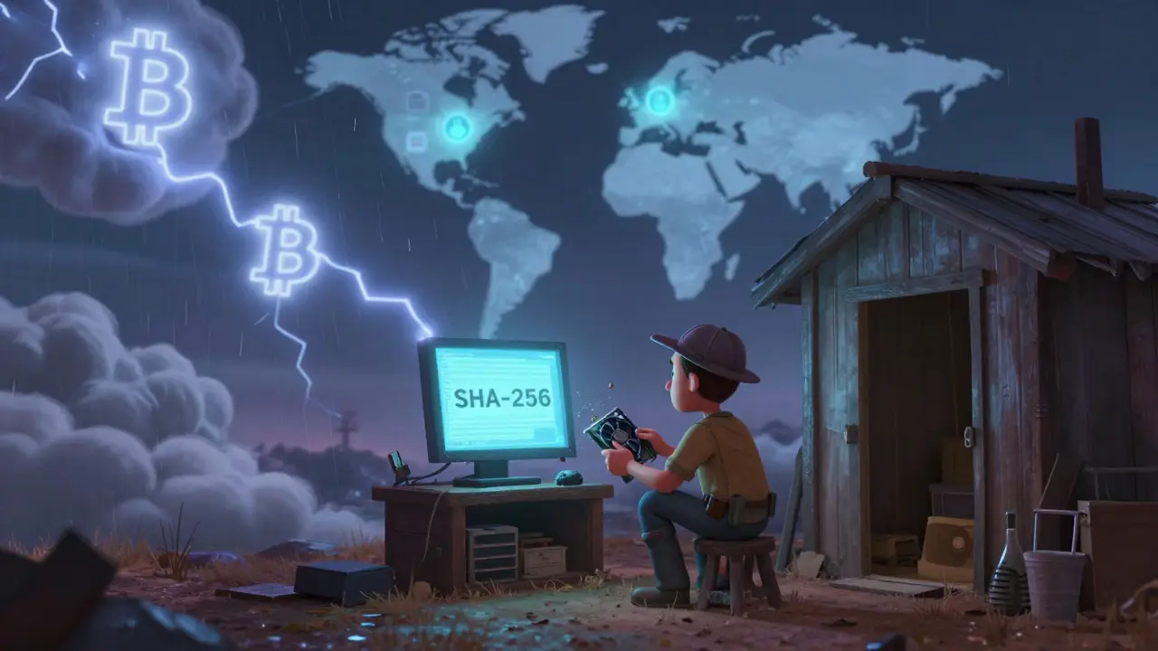 A lone miner watches a hash on a monitor while a storm of Bitcoin energy rages outside, global mining hubs glow in the distance.
