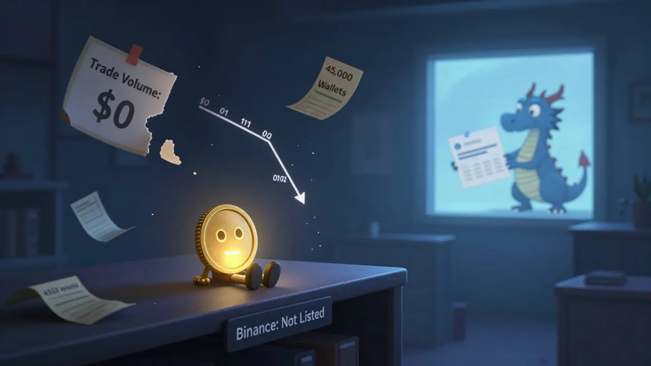 A lonely CERTAI token sits abandoned on a shelf labeled &#039;Not Listed&#039;, surrounded by falling price charts and forgotten potential.