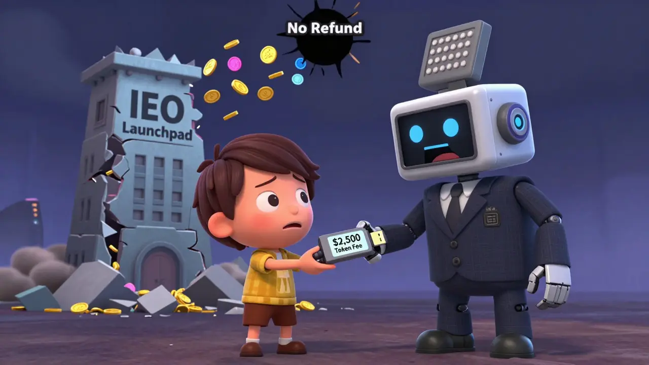 A nervous user gives money to a robot exchange that crumbles a token launch tower into dust.