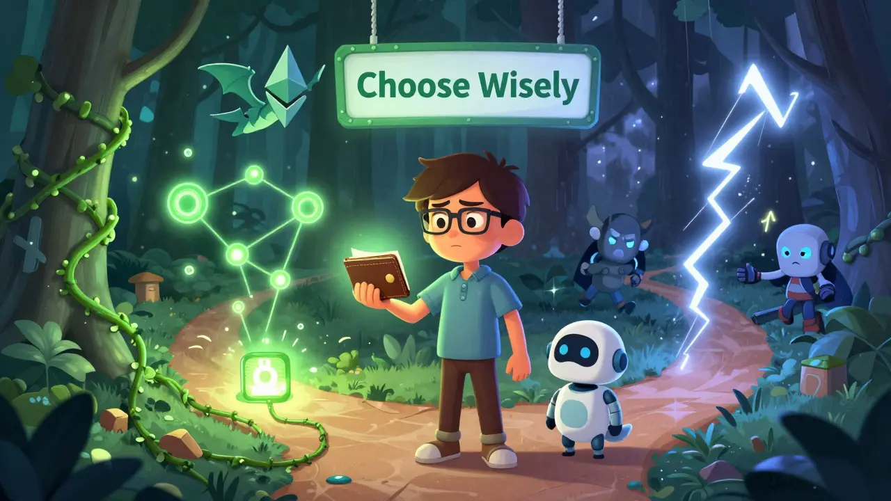 A person hesitating between a calm green path and a stormy red path, representing soft vs hard fork choices.