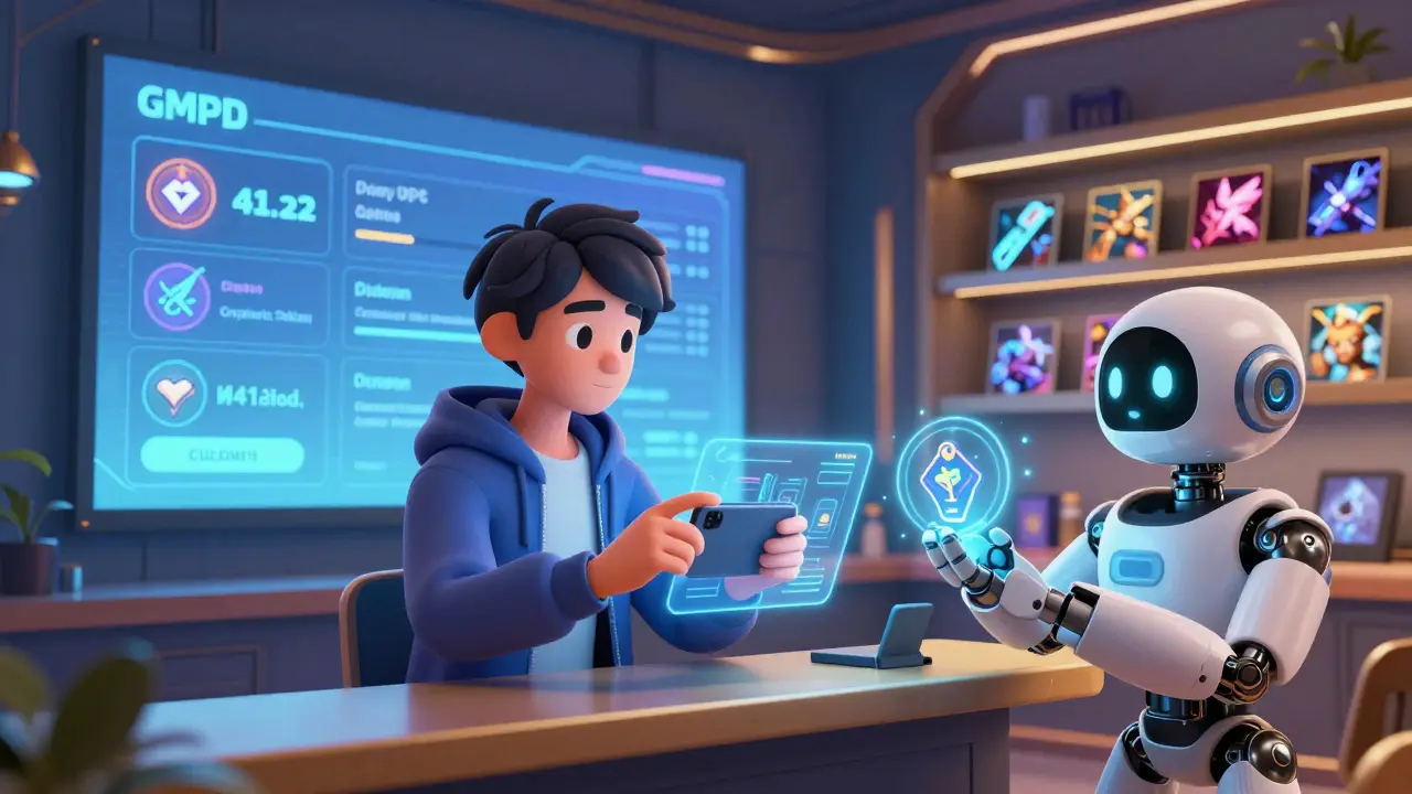 A player connects their wallet to a holographic interface as a robot gives them a glowing NFT key in a futuristic lounge.