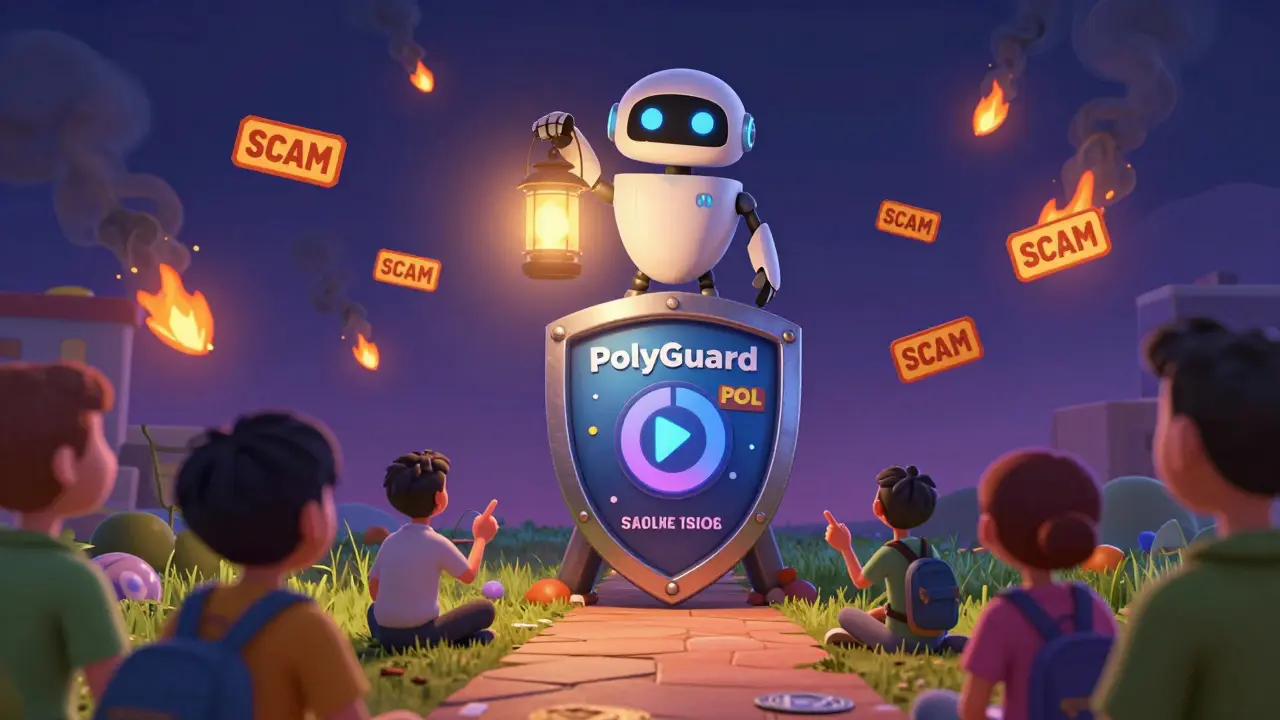 A protective robot guides users to real Polygon staking while fake airdrops burn away in smoke.