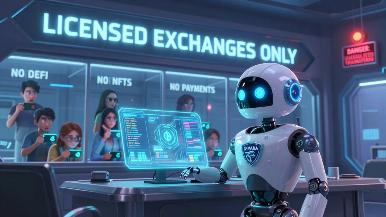 A regulator robot monitors crypto transactions in a high-tech control room with restricted users behind glass walls.