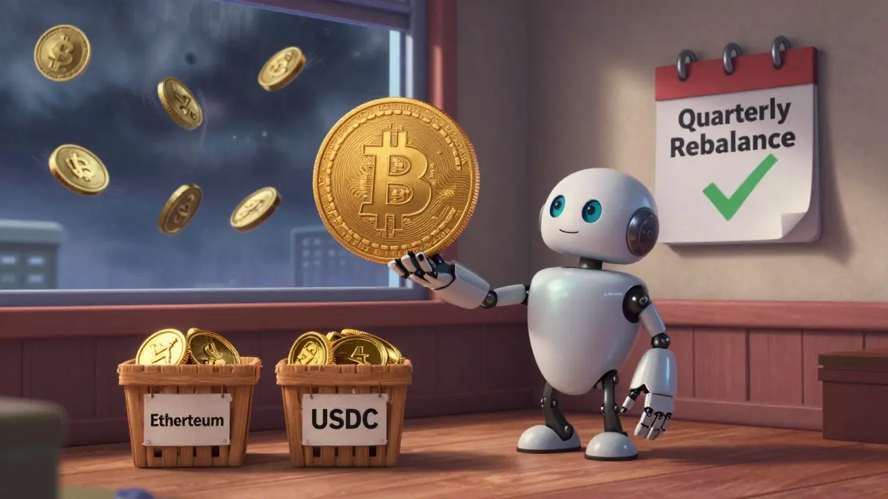A robot arm rebalancing a crypto portfolio by moving Bitcoin into Ethereum and stablecoin baskets, with a calendar marking quarterly rebalance.