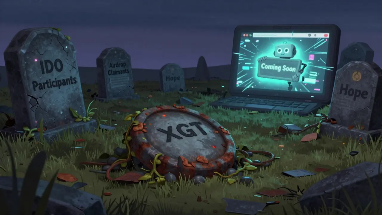 A rusted XGT token lies in a digital graveyard among tombstones for lost investors, under a fading website.