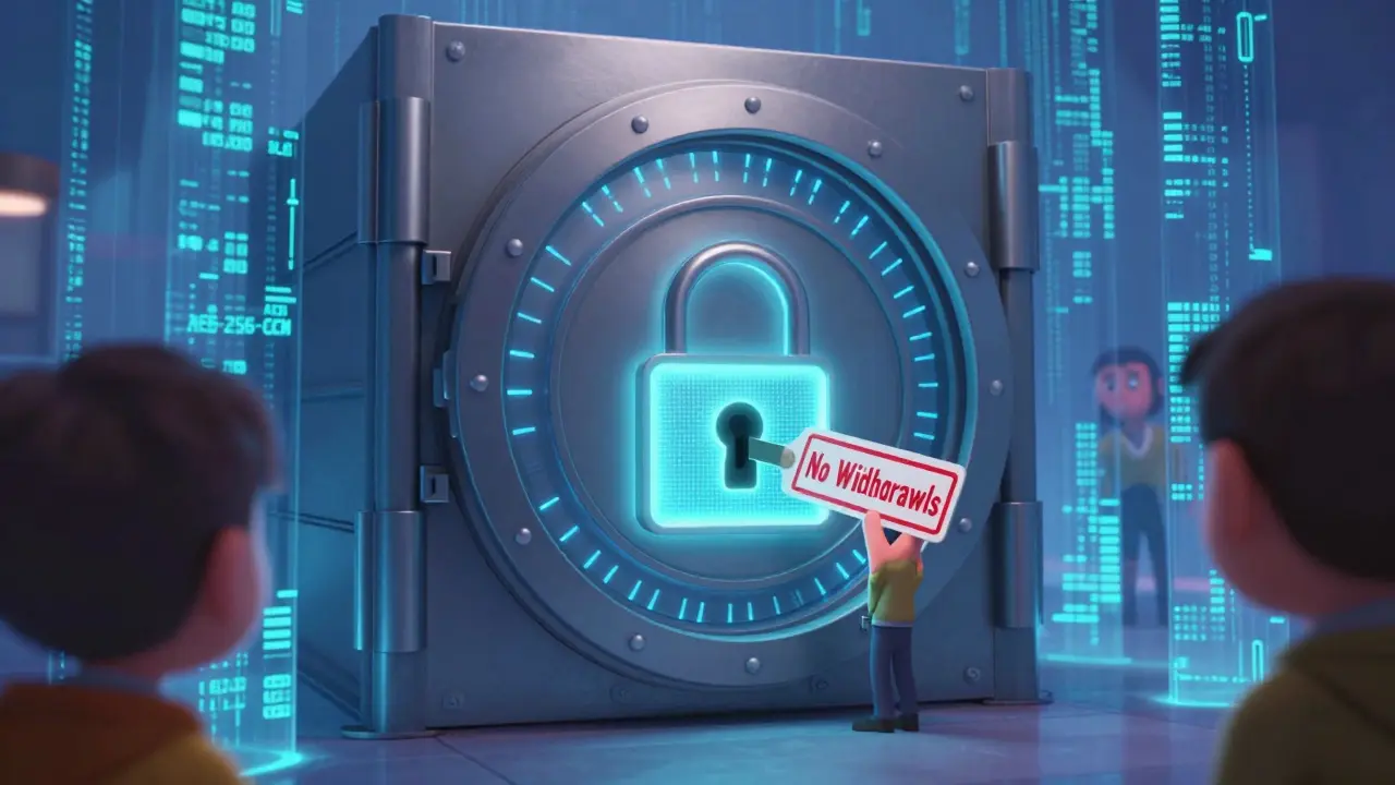 A secure digital vault with encrypted data streams protecting an API key marked &#039;No Withdrawals&#039;.