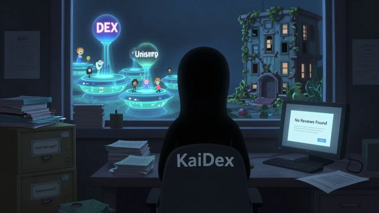 A shadowy figure sits amid unopened security reports, while thriving crypto platforms shine outside a crumbling building.