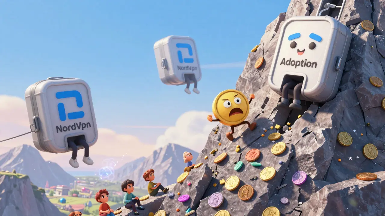 A small KEL token climbing a mountain while bigger VPNs ride elevators up it.