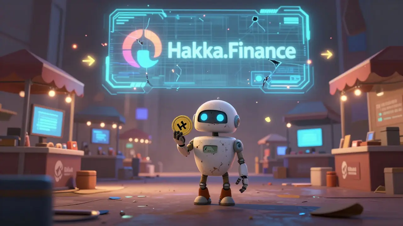 A small robot holds a single HAKKA token in an empty digital marketplace, surrounded by abandoned stalls and flickering logos.