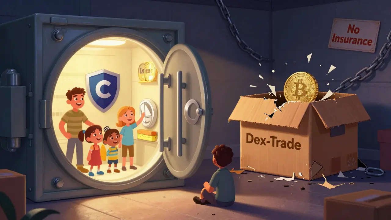 A split scene: a secure vault with a happy family vs. a crumbling box labeled Dex-Trade with a lonely user.
