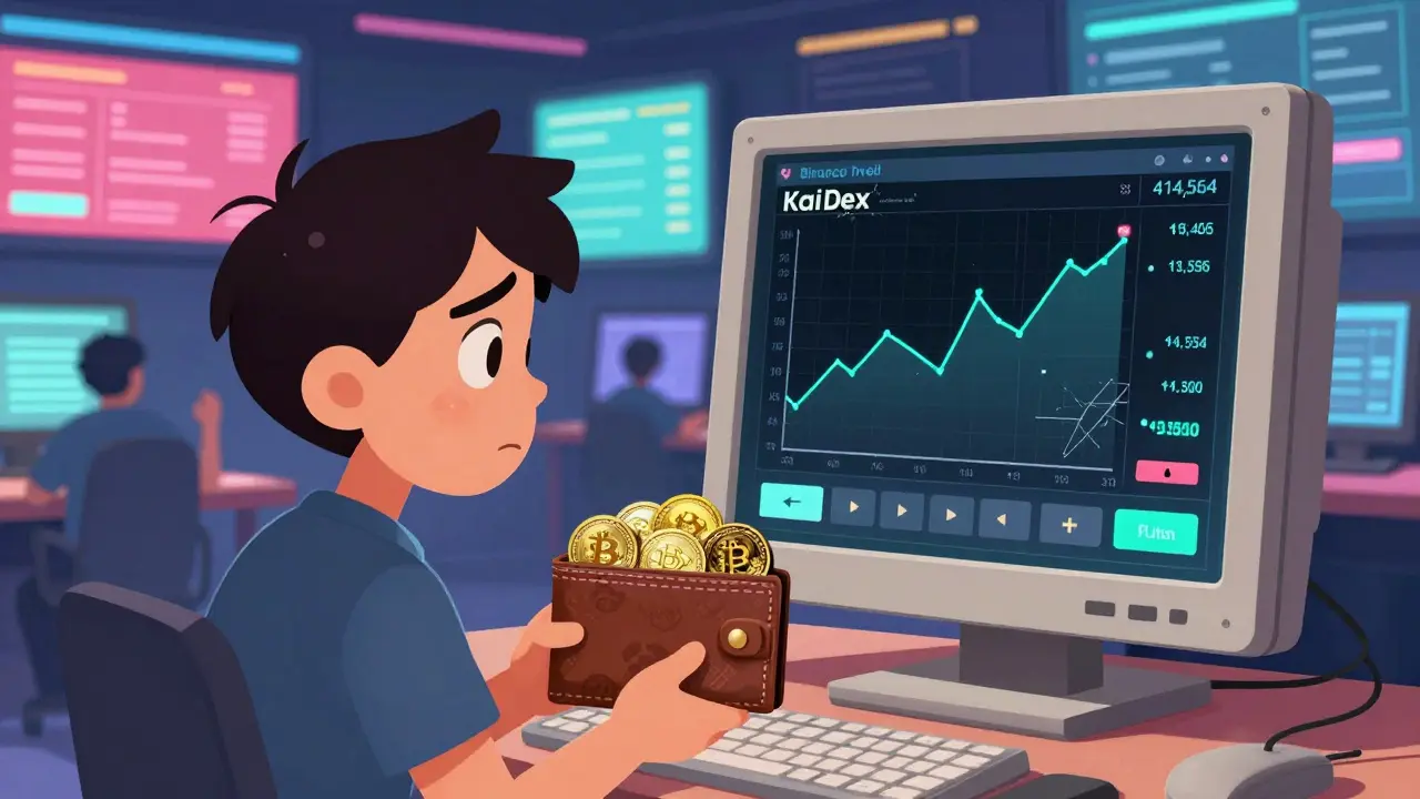 A trader stares at an outdated screen showing one trading pair while vibrant, modern exchanges glow in the background.