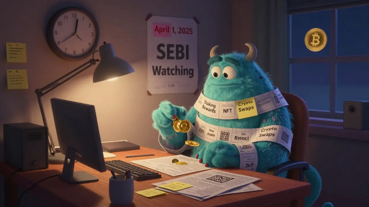 A trader surrounded by tax monster tentacles made of blockchain, with SEBI and FIU-IND posters on the wall.