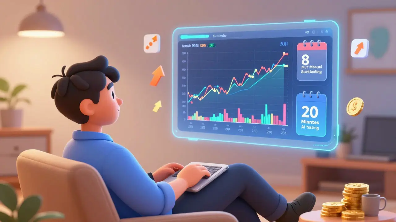A trader watches an AI analyze market graphs on a hologram, with time saved from backtesting displayed nearby.