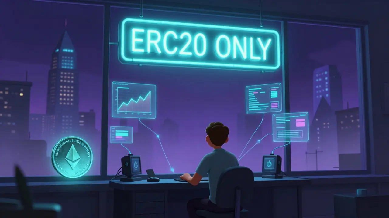 A trader works at a desk with automated bots and fading blockchain towers, a dim RES token glows in the corner.