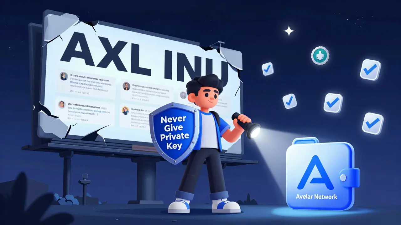 A user standing safely beside a real Axelar logo, destroying a fake AXL INU billboard with a warning shield.