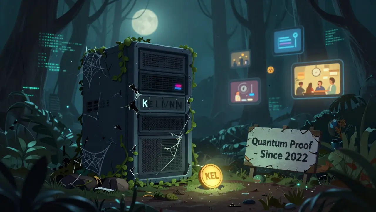 An abandoned KelVPN server node in a digital forest with a faded sign.