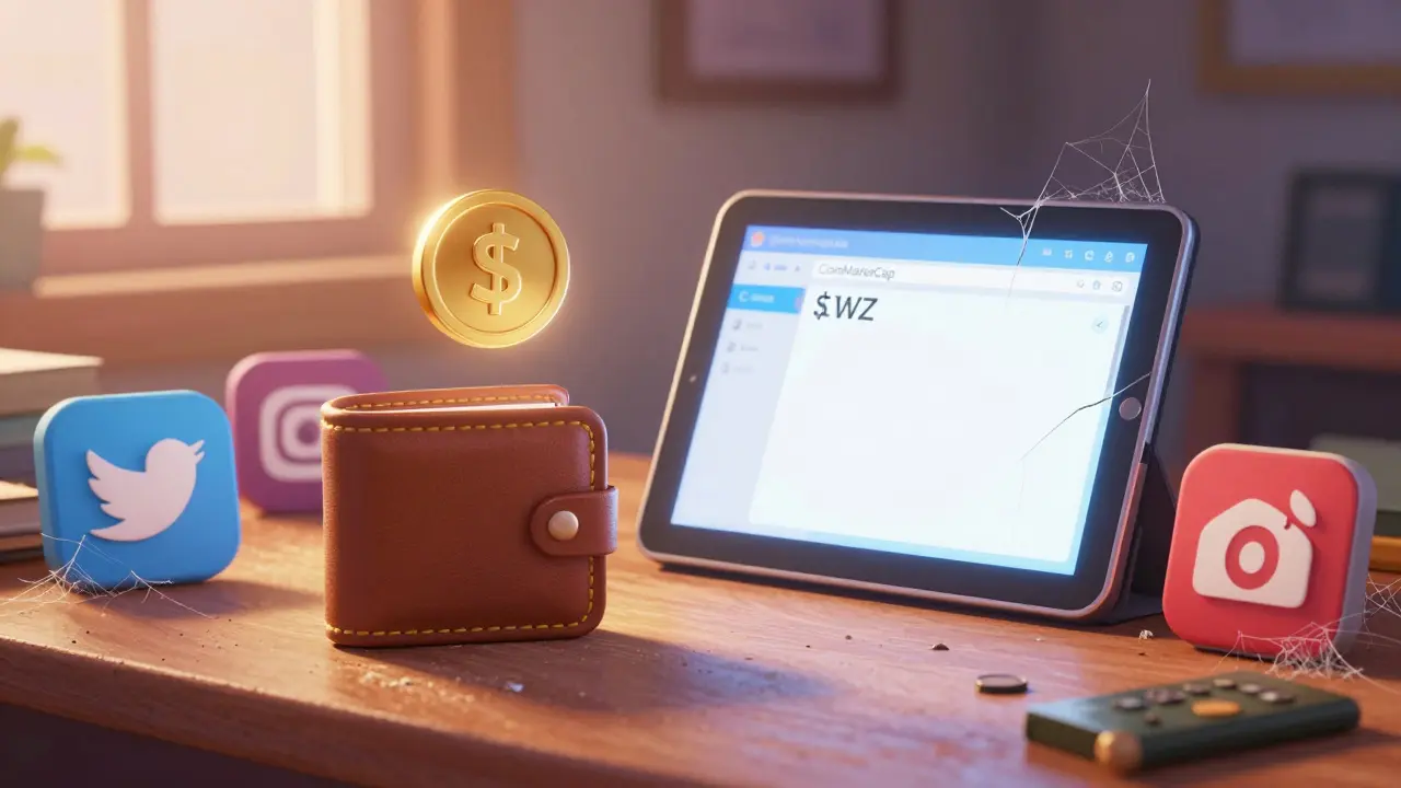 An abandoned wallet and outdated tech showing a blank token page with forgotten social icons