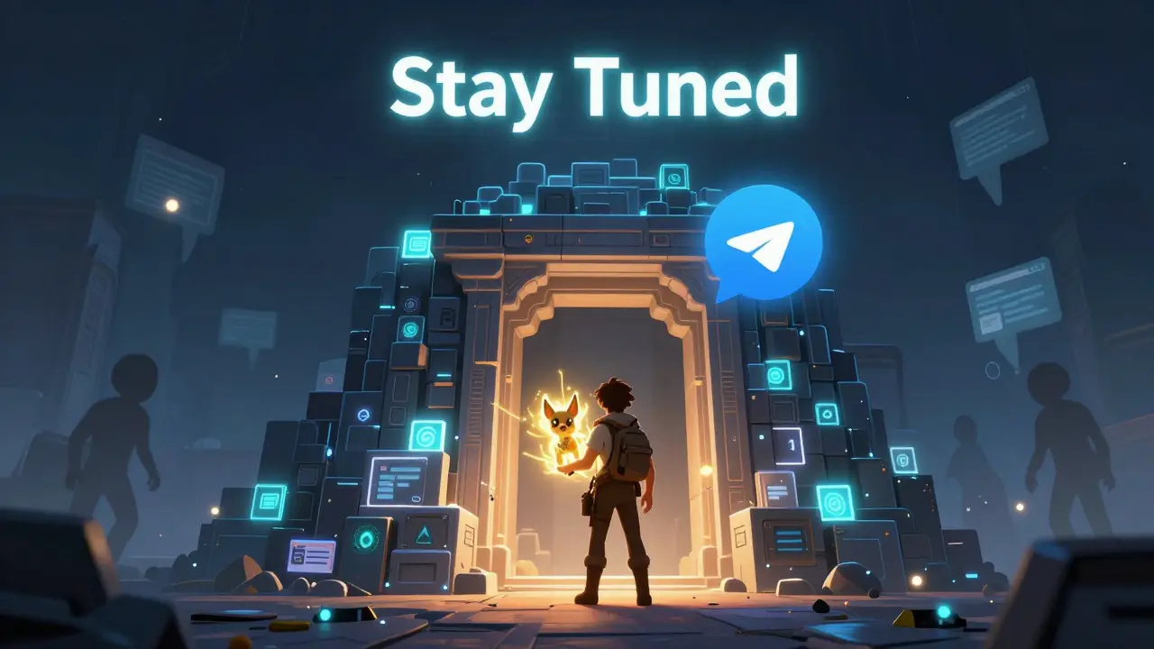 An adventurer holds a legendary pet at a blockchain temple, with a &#039;Stay Tuned&#039; message and fading scam links around.