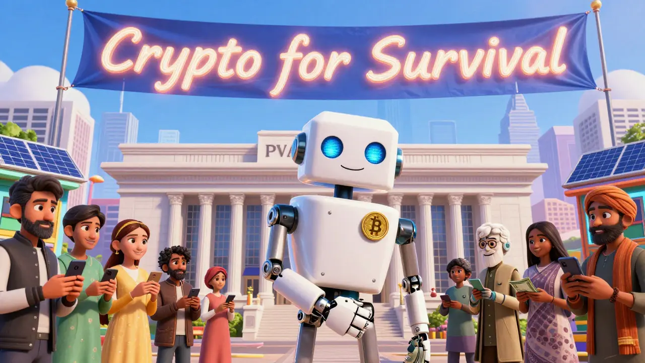 Blockchain robot shaking hands with citizens beside government crypto authority building.
