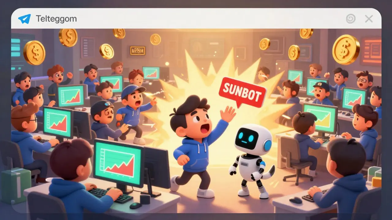 Cartoon traders in a Telegram chat room reacting to exploding price charts, with a robot dog holding a SUNBOT sign.