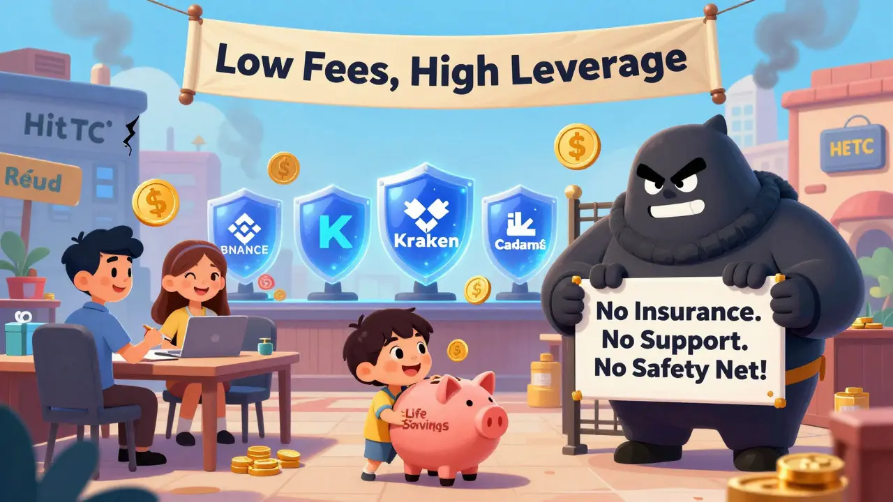 Child blocked from a crypto marketplace by a &#039;No Safety Net&#039; gate while other exchanges shine safely behind.