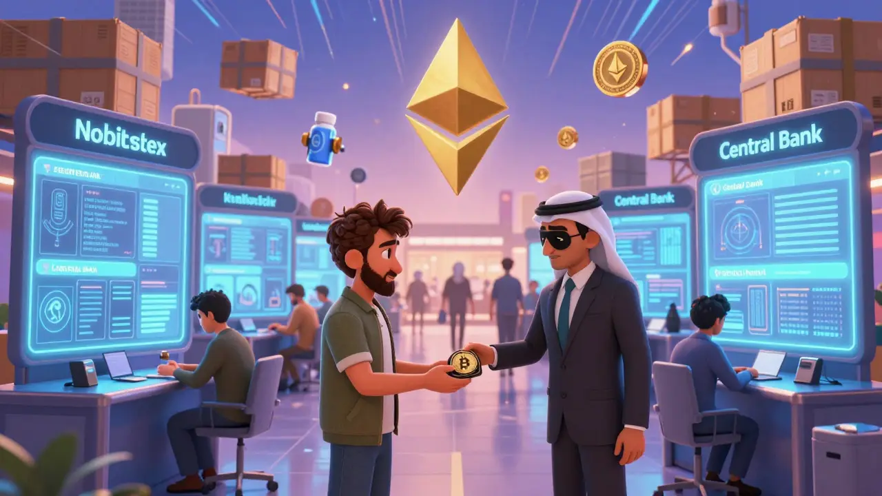 Citizens trade crypto at Nobitex kiosks as tokens turn into imported goods.