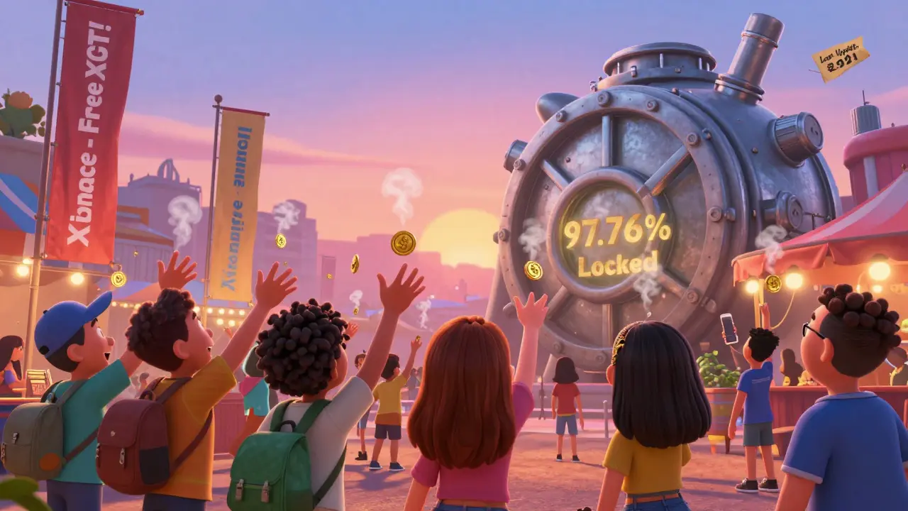 Crowded crypto fairground where tokens vanish before reaching users, with a locked vault in the background.