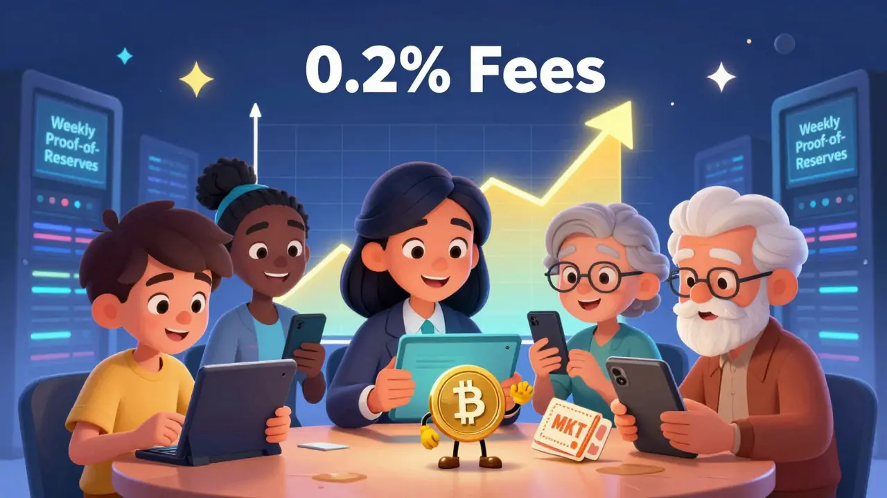 Diverse users trading crypto with rising graph and MKT token giving discounts