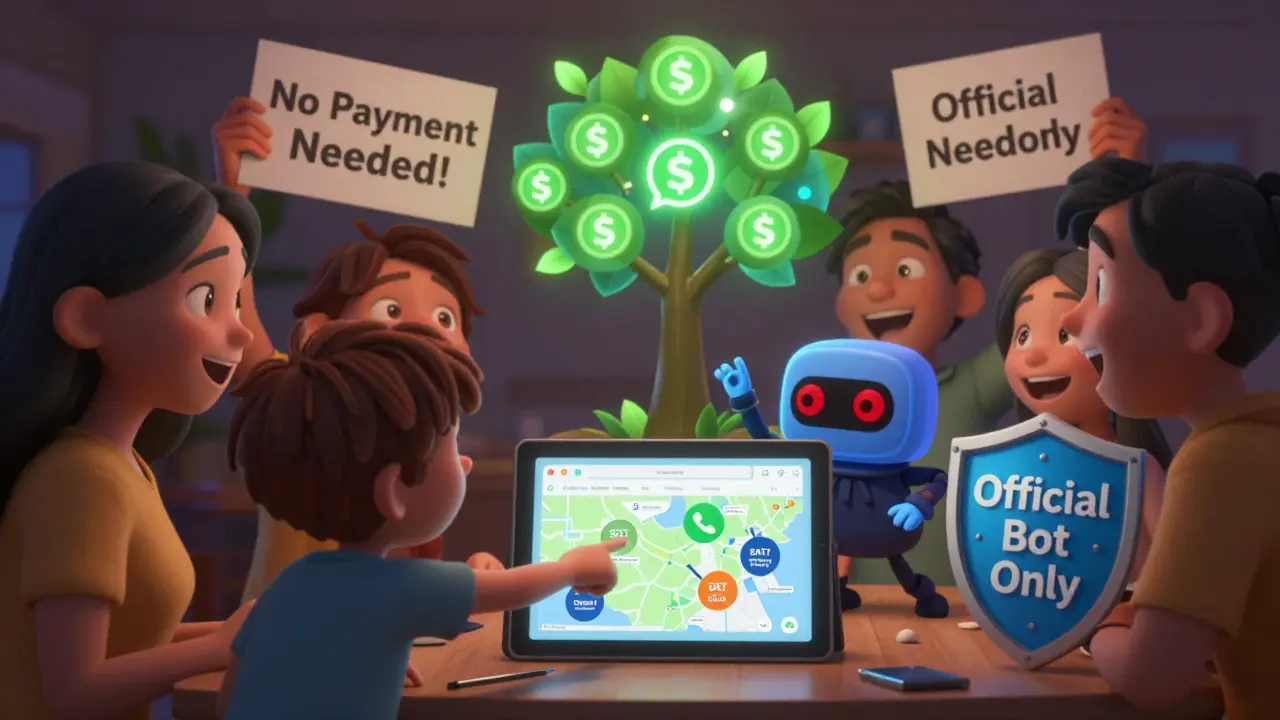 Family sharing SaTT referral link while a digital token tree grows behind them.