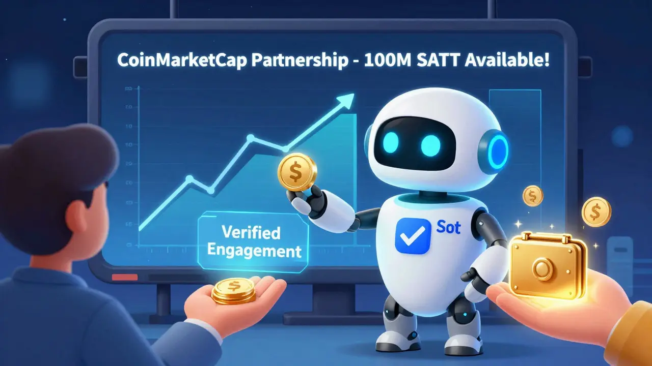 Friendly robot giving SATT tokens to a user with CoinMarketCap billboard in background.