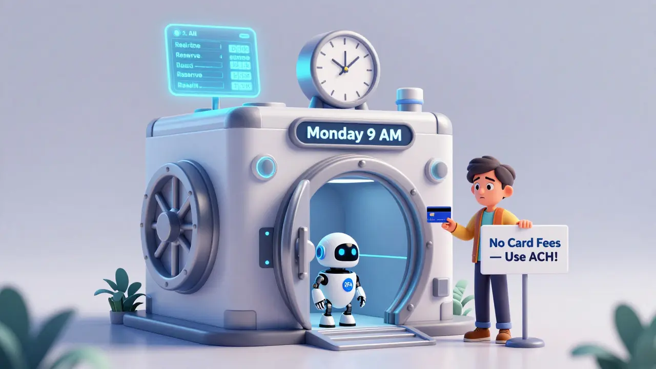 Futuristic crypto vault with weekly reserve ledger and AI assistant guiding user