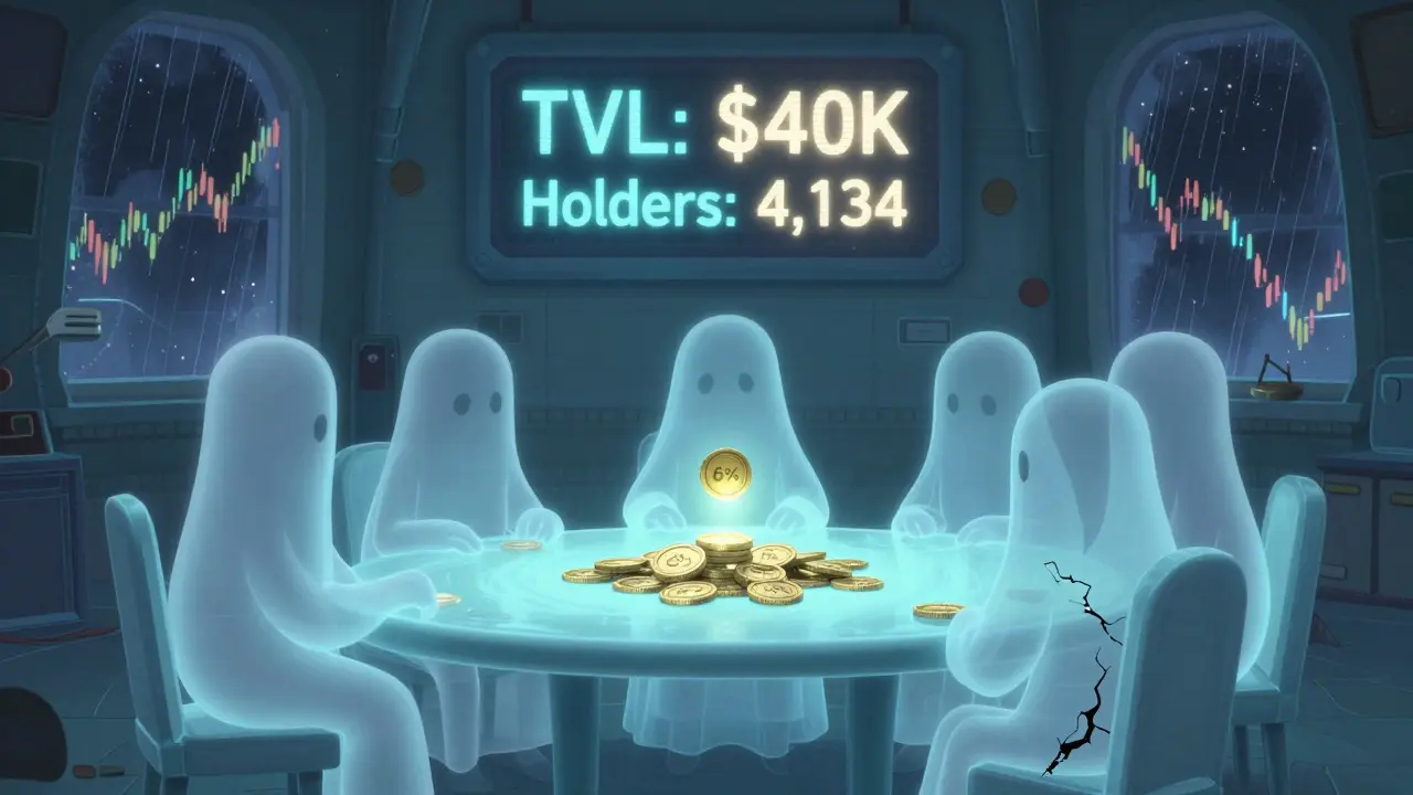 Ghostly DAO members sit at a table with only 6% of voting tokens lit, a massive price scoreboard shows collapse in the background.
