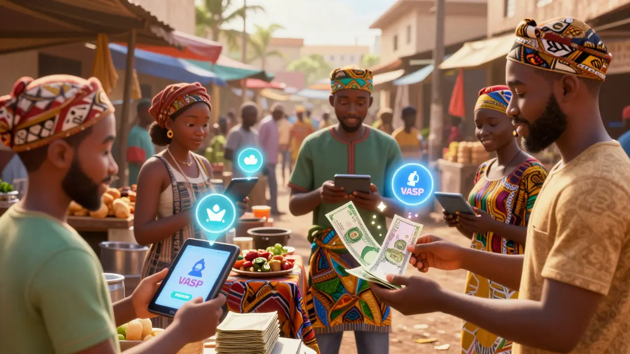 Market vendors in Lagos convert crypto payments to Naira with sparkling effects, customers pay with digital tokens as traditional goods are sold.