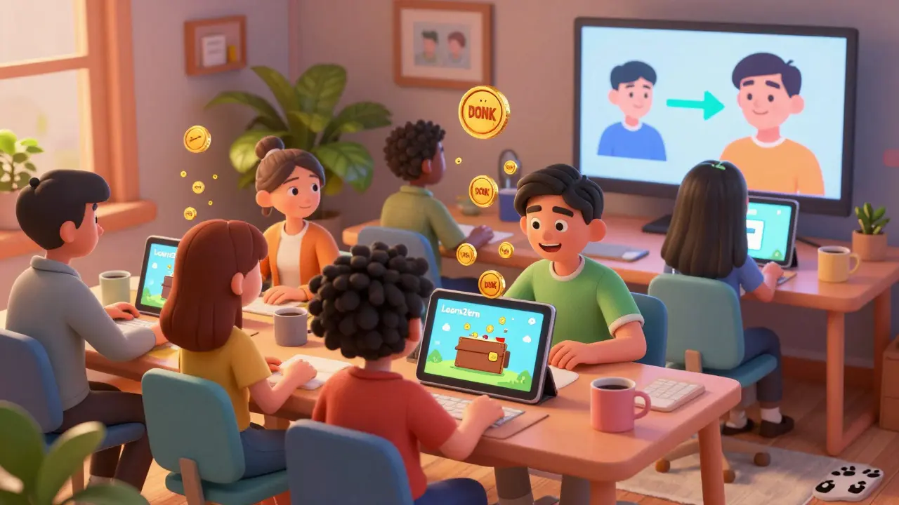 People learning about DONK on tablets with tokens raining into their wallets