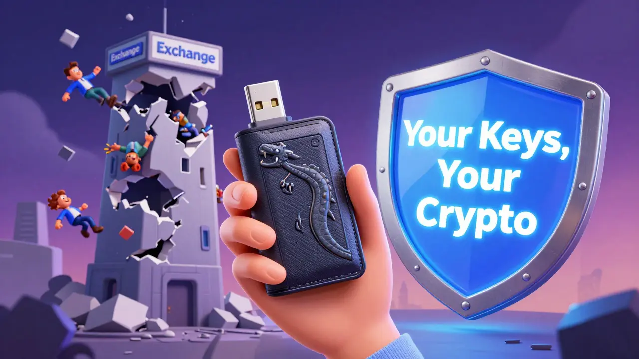 Person holding hardware wallet while exchange tower crumbles behind them.