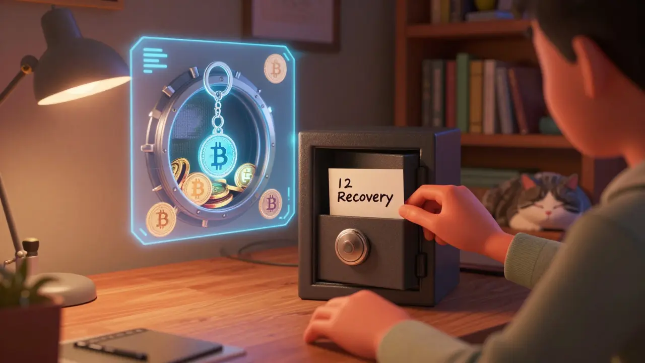 Person storing recovery phrase in safe as holographic key unlocks crypto vault.