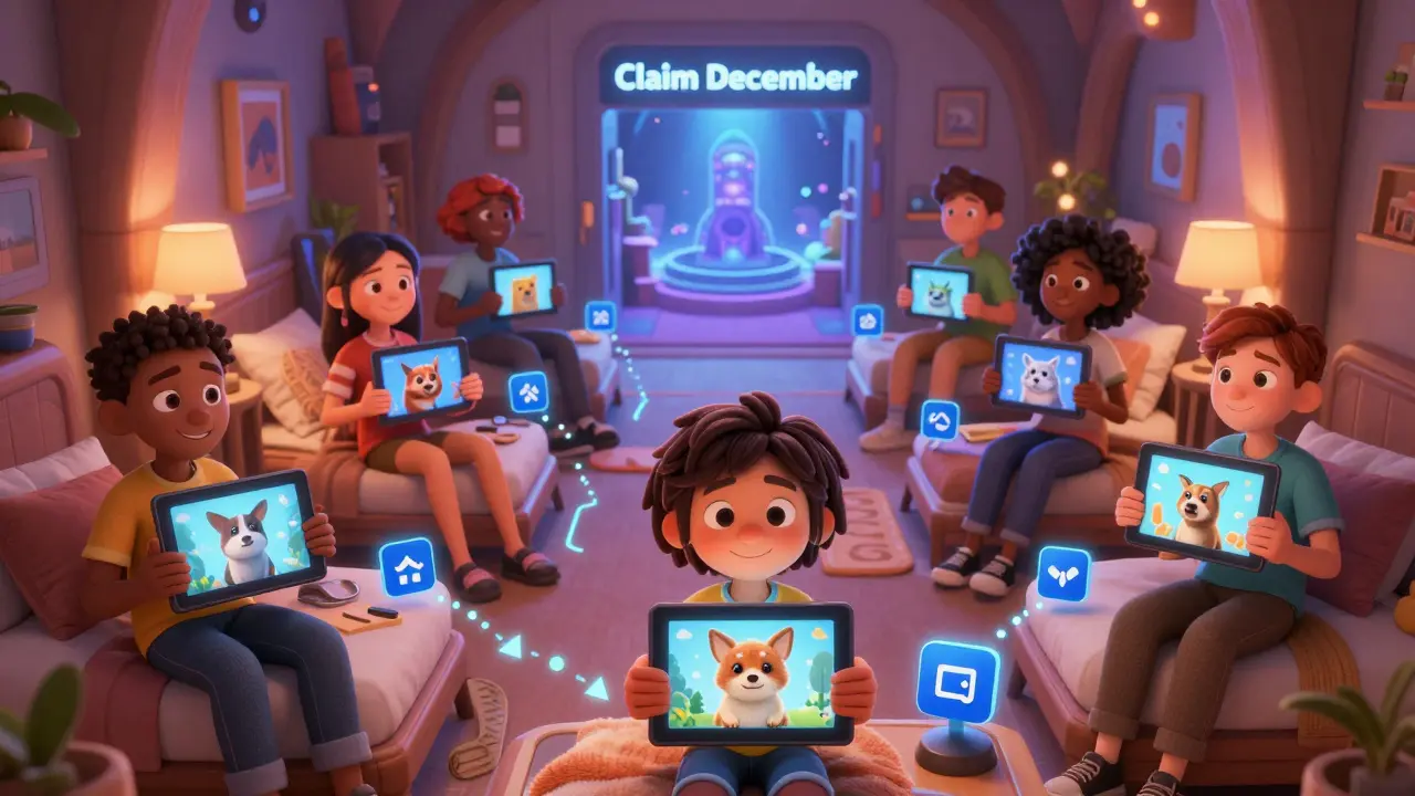 Players in cozy rooms watch their digital pets on tablets, with glowing wallets leading to a mysterious portal.