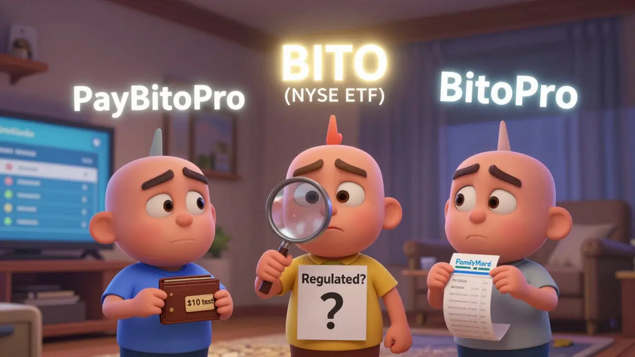 Three users distinguishing between BitoPro, PayBitoPro, and BITO ETF, with a  test wallet and FamilyMart receipt glowing.